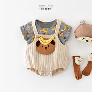 婴儿夏季背带连体衣套装宝宝棉质卡通小熊短袖薄款0-3岁哈衣爬服
