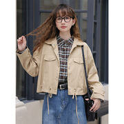 2024春季韩版小个子短款风衣，夹克学生甜美外套，设计感抽绳上衣