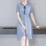 V领蓝色连衣裙女夏季洋气减龄气质大码宽松收腰中长款短袖雪纺裙