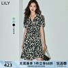 lily2024夏薄荷(夏薄荷)曼波女装，泡泡袖抽绳印花中长款连衣裙小个子女