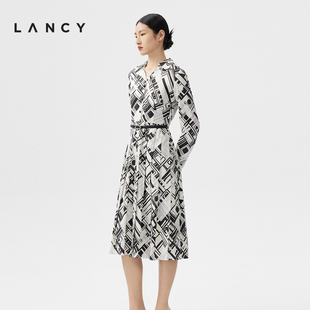 LANCY/朗姿春季长袖法式真丝衬衫连衣裙女印花高级感气质裙子