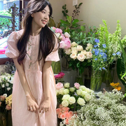 新中式小香风粉色短袖，连衣裙2024夏季花朵刺绣小个子娃娃公主短裙