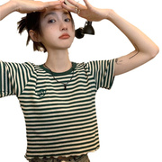 百搭条纹短袖t恤女ins潮夏季2024韩版设计感修身短款学生上衣