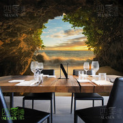 3d立体视觉延伸壁纸大自然山洞森林风景壁布客厅茶室墙纸背景墙