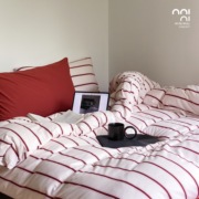 Minimal Concept朱颜法式慵懒红色条纹全棉针织四件套床单