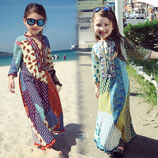 女童波西米亚沙滩长裙，儿童七分长袖民族风连衣裙，中大童母女亲子装