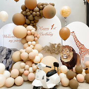 儿童生日派对周岁百天气球布置卡其色皮肤色，咖啡色森系摄影背景墙