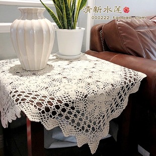 清新水莲手工钩织纯棉，美式复古镂空米白沙发巾，桌布布艺正方形盖巾