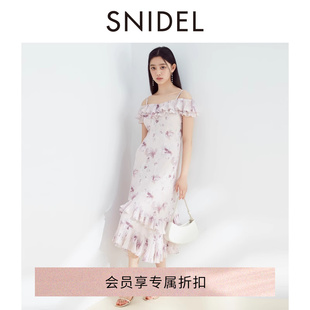 snidel2024春夏荷叶边印花收腰系带，露肩吊带连衣裙swfo241311