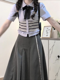 韩系套装女夏天奶fufu条纹衬衫上衣学院风百褶长裙两件套小个子