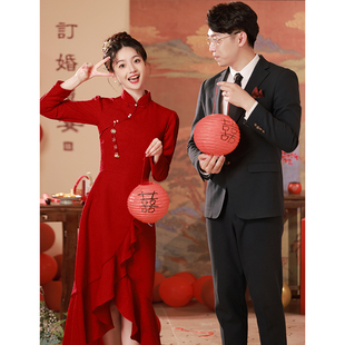 新中式鱼尾旗袍敬酒服2024新娘酒(新娘酒)红色，长袖结婚红裙子订婚礼服