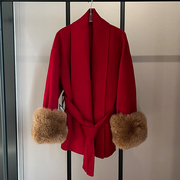 新年红色羊毛双面呢大衣女秋冬季宽松浴袍狐狸毛袖口毛呢外套