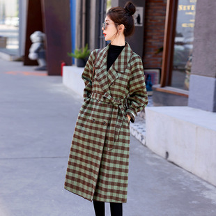 韩系风格绿色格子羊绒外套女2022秋冬中长款系带加厚羊毛大衣