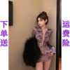 紫色金丝绒性感系带长袖，短款上衣女秋冬辣妹，套装半身短裙子两件套