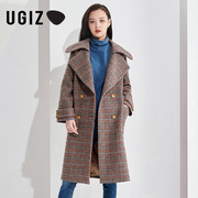 UGIZ冬季韩版女装复古千鸟格子中长款毛呢大衣女UDHC502-9