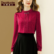 丹慕妮尔法式提花红色上衣女，高级感2024春季立领气质长袖衬衫
