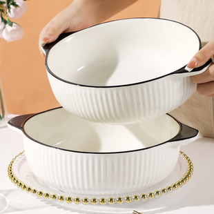 10英寸双耳竖纹大汤碗创意，日式简约风格，大汤盆大容量加厚陶瓷家用