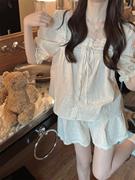 睡衣女夏季短袖短裤韩国版，甜美法式公主蕾丝全棉麻家居服两件套装