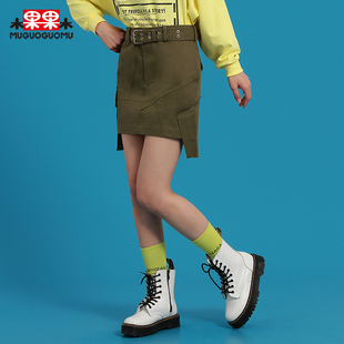木果果木2021春季新韩版修身高腰军，绿色不规则半身裙工装a字短裙