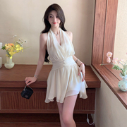 fairyjiang夏季气质白色，雪纺挂脖连衣裙收腰无袖露肩，短款仙女裙
