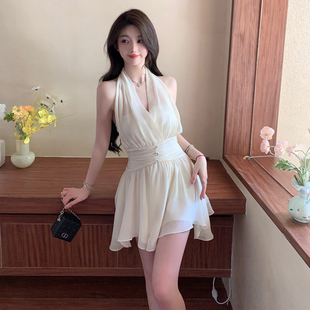 fairyjiang夏季气质白色雪纺挂脖连衣裙，收腰无袖露肩短款仙女裙