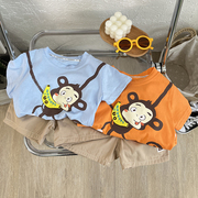 男宝宝短袖夏装套装宝宝可爱小猴子圆领卡通纯棉T恤夏天衣服婴童