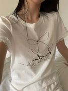 H07041777 韩版24春夏温柔甜美范袖口蕾丝边设计百搭短袖字母T恤