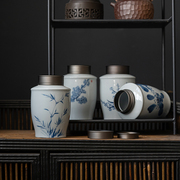 手绘青花茶叶罐家用陶瓷茶罐，密封罐茶罐双层盖储存罐防潮普洱茶仓