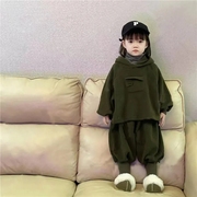 韩国童装儿童中小童韩系复古中性双面绒套装男女童连帽卫衣卫裤潮