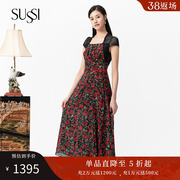 SUSSI/古色23夏黑色雪纺碎花方领法式短袖度假连衣裙女