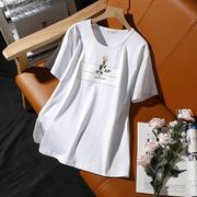 大码冰磁棉短袖t恤女夏季白色，玫瑰花圆领纯棉宽松上衣体恤欧货潮