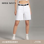 Miss Sixty2024夏季牛仔短裤女白色高腰显瘦直筒裤磨破高街风