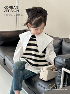 2024春秋女童韩版条纹针织，套头马甲白色海军领衬衫娃娃衫