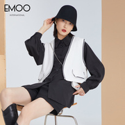 EMOO杨门秋装黑白两件套马甲+宽松长袖雪纺百搭衬衫女