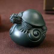 宜兴紫砂茶宠摆件雕塑名家可养茶玩手工招财墨绿泥龟如意龙龟