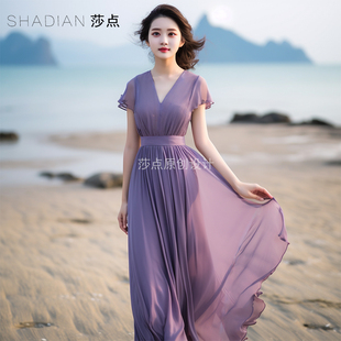 紫色连衣裙新短袖雪纺过膝长裙收腰显瘦洋气减龄大摆裙度假沙滩裙