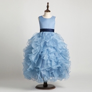 儿童礼服公主裙女中大童礼服，裙蓝色长款演出服表演钢琴定制