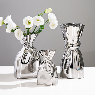 轻奢摆件北欧简约陶瓷镀银花瓶创意可水养鲜花插花仿真花客厅花器