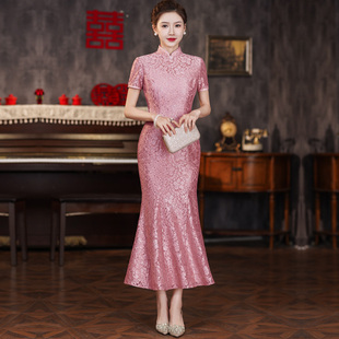 蕾丝新中式改良时尚旗袍，婚宴妈妈平时可穿走秀修身优雅鱼尾礼服