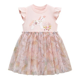 女童粉红色短袖连衣裙宝宝，小马裙子儿童，纯棉夏装婴幼儿网纱公主裙