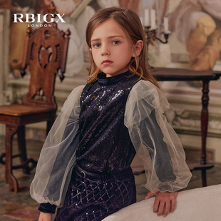 rbigx瑞比克童装冬季丝绒，珠片网纱甜美淑女，休闲小衫