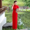 2023旗袍刺绣红色优雅显瘦气质高端走秀演出长款中国风礼仪服