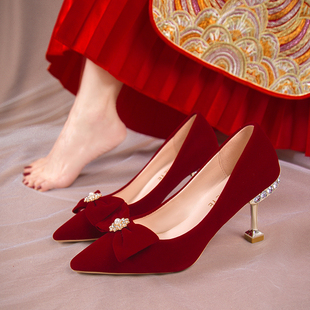 新娘婚鞋秀禾鞋2024年中式婚礼鞋结婚中跟踩堂鞋女红色高跟鞋