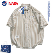NASA联名条纹翻领短袖衬衫男士2024夏季工装衣服男款衬衣外套