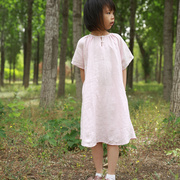 女童睡裙f2123夏季薄款纯亚麻，短袖连衣裙棉麻粉色，公主睡衣家居服