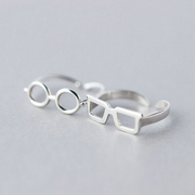 小张的故事个性设计s925纯银圆形方框男女，款眼镜戒指环食指情侣戒