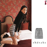 Shiitake诗塔克设计师品牌高腰黑白格子亮片短裙包臀A字