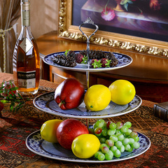 青花瓷陶瓷三层果盘欧式水果盘钥匙收纳现代创意装饰客厅茶几摆件