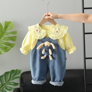 女宝宝公主套装背带裤0一1岁长袖衬衫2婴幼儿3小童牛仔裤套装可爱