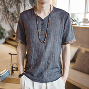 唐装男v领短袖夏季薄款青年中国风复古盘扣，半截袖t恤中式古风男装